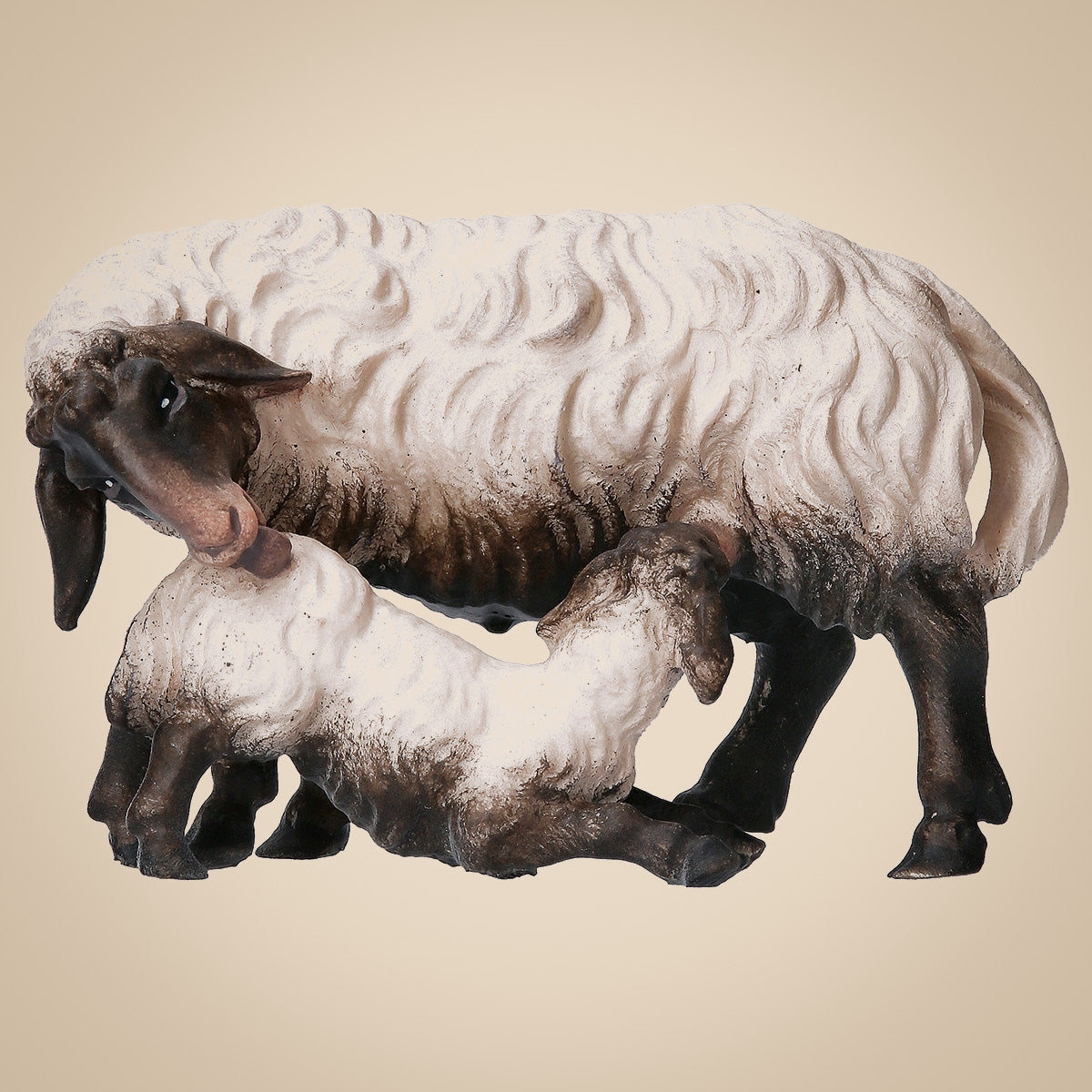 Heilige Krippe Schaf mit Lamm säugend Kopf schwarzholzgeschnitzt