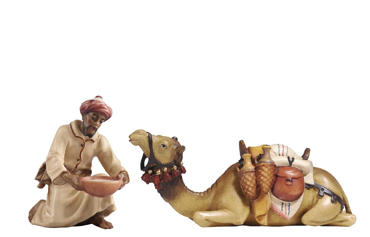 Kostner Krippe Kameltreiber kniend mit Schüssel mit Kamel liegend