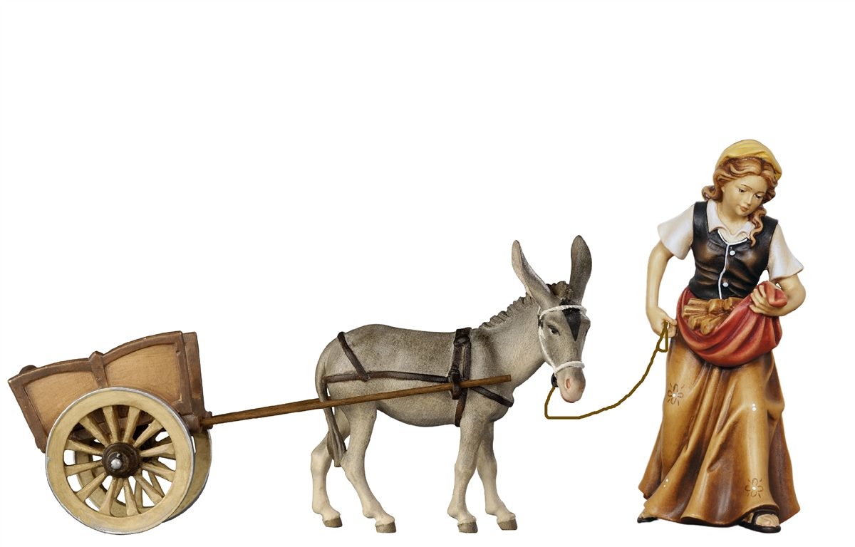 Kostner Krippe Holzträgerin mit Esel mit Karren