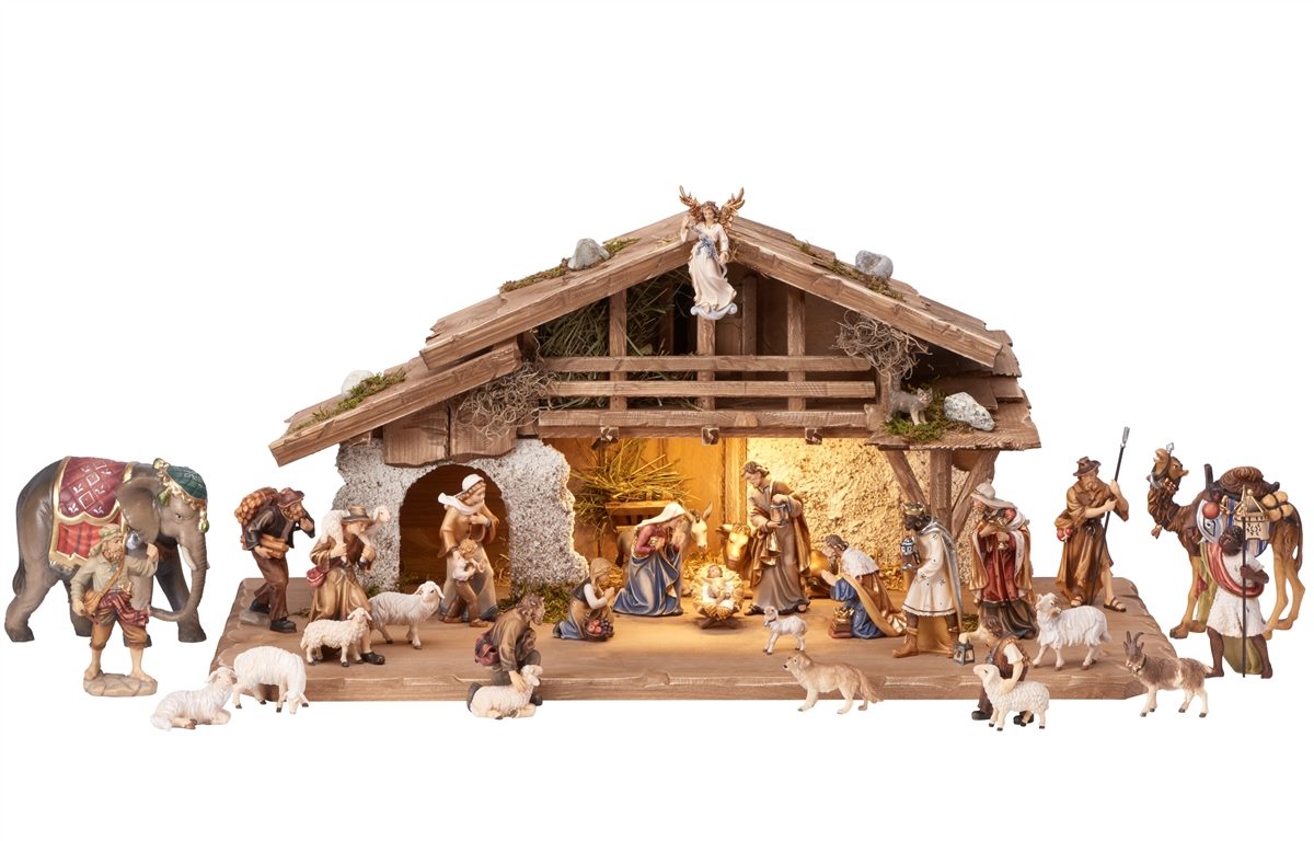 Kostner Nativity Set, 30 pieces - Alpine stable with lighting