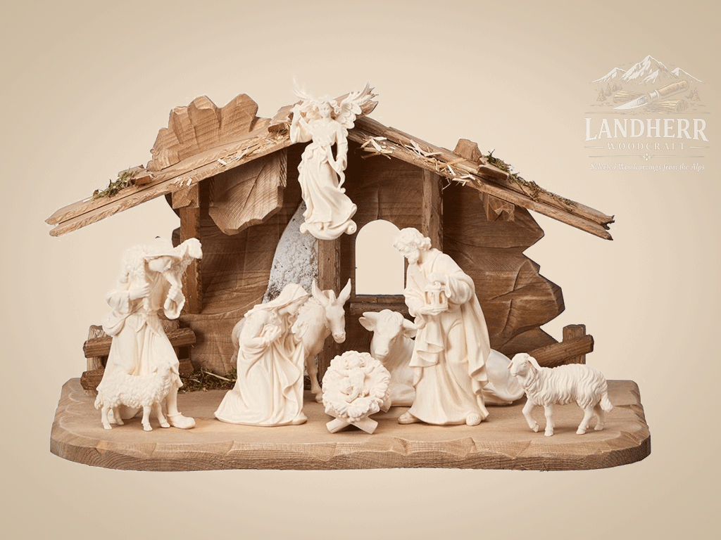 Kostner-Krippe-Set-10-teilig-Familienstall-Tirol-natur