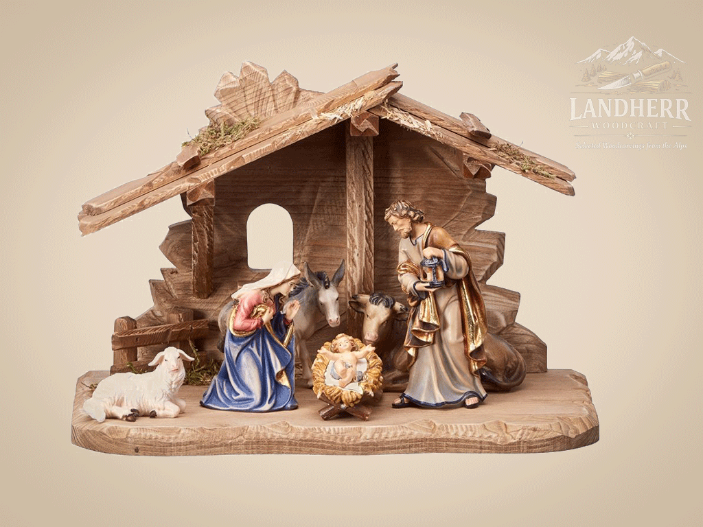 Kostner-Krippe-Set-7-teilig-Familienstall-Tirol-2-bemalt