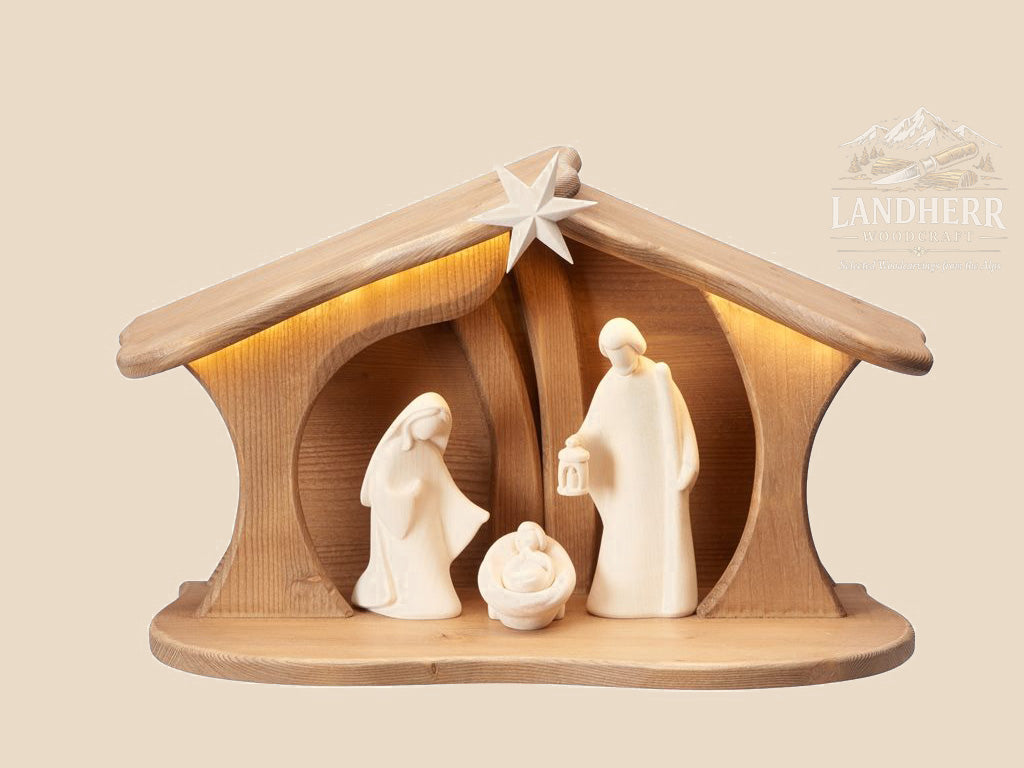 Krippenset-Leonardo-Krippe-5-Teile-natur-Stall-LuceLED